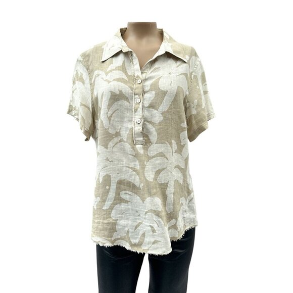 Tommy Bahama Womens Aloha Hawaiian Palm Print Beige Linen Button Shirt M *As is* - Picture 1 of 14
